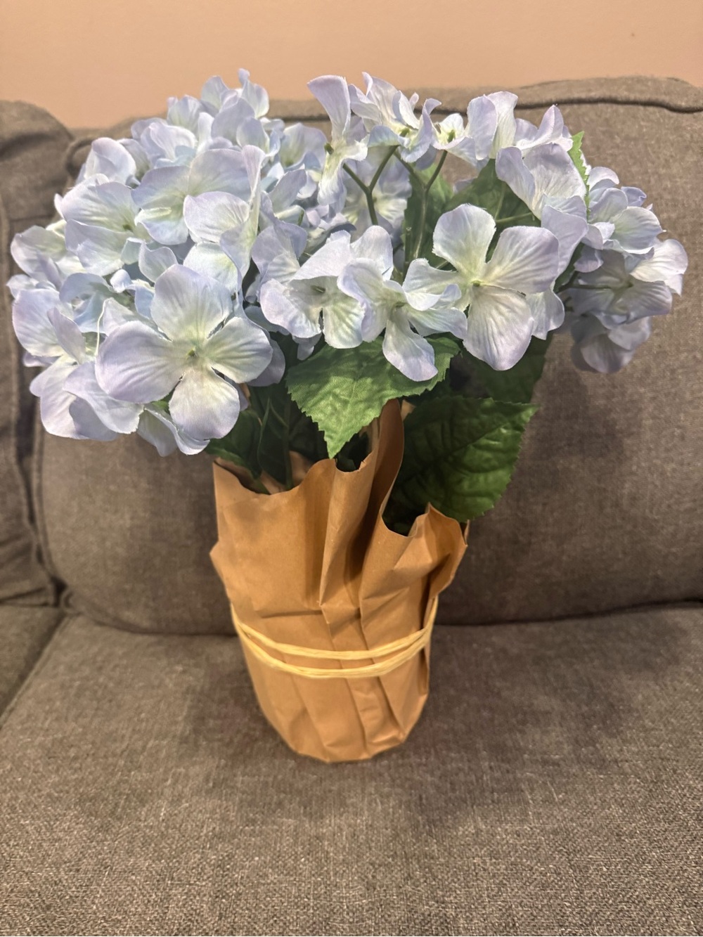 Light Blue Faux Hydrangea Bundle with Lush Green Leaves